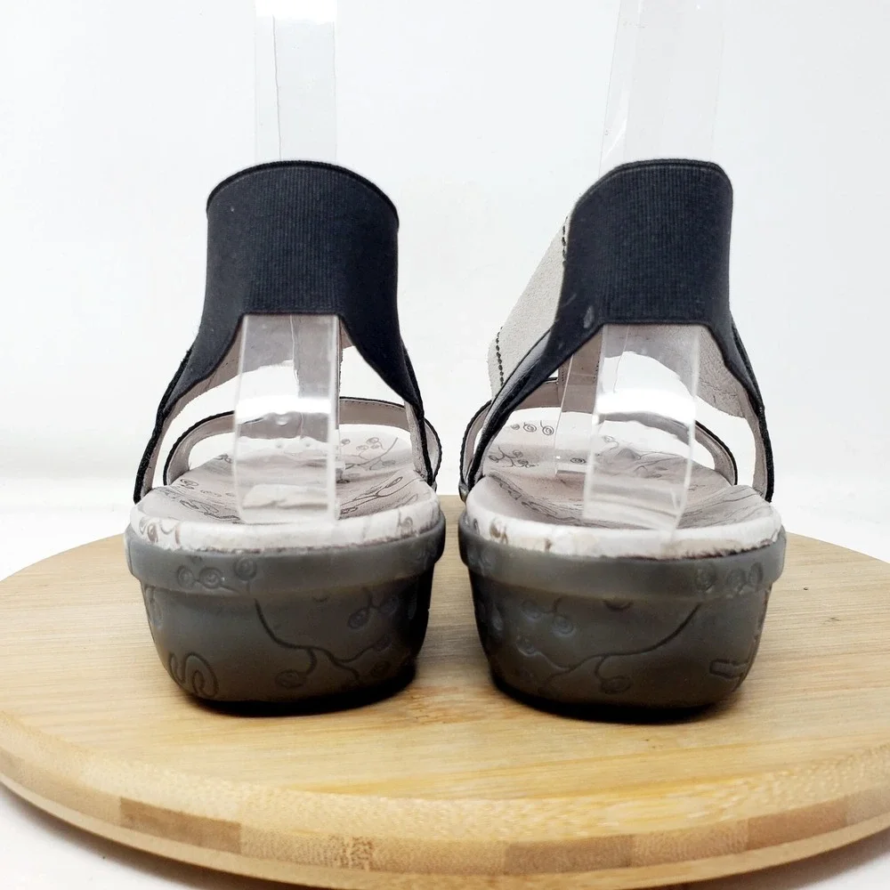 Wonders Fly Sandals Womens 37 Black‎ Grey Low Wedge Elastic Strap Comfort Shoes